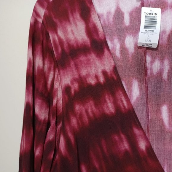 Torrid Wine Red Tie Dye Long Sleeve Lightweight Kimono Cover Top Plus Size - Picture 3 of 8